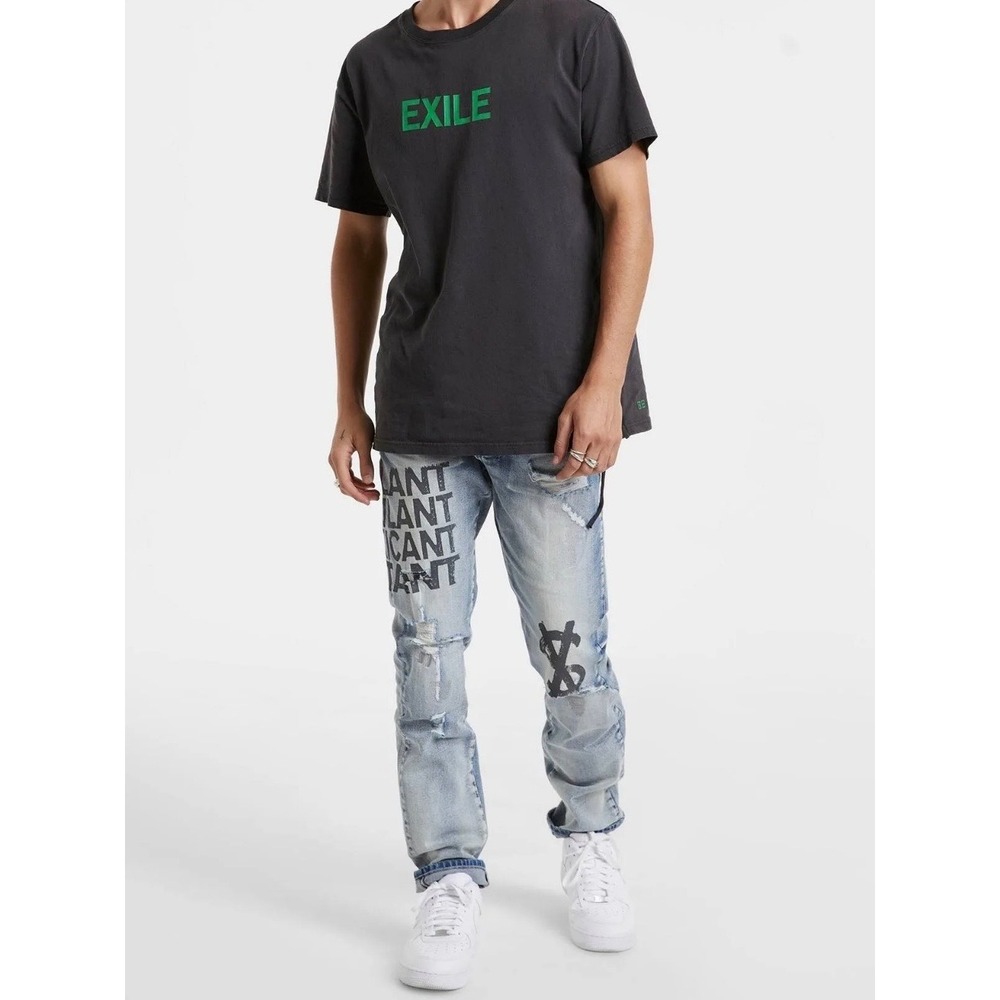 Ksubi Chitch Bombz Distressed Graphic Jeans Light Blue Denim Wash Graffiti - 34
